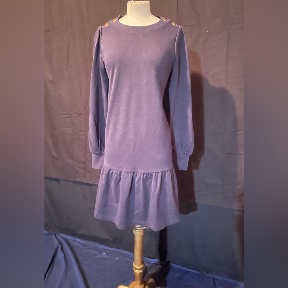 Loft Navy Blue Knit Dress L Midi Sparkles Gold Buttons Long Sleeves NWT